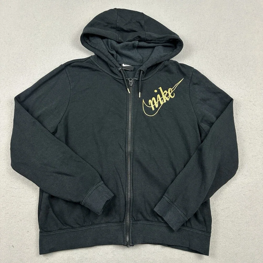 Nike Hoodie Women Medium Black Solid Gold Swoosh Spell Out Sweatshirt M